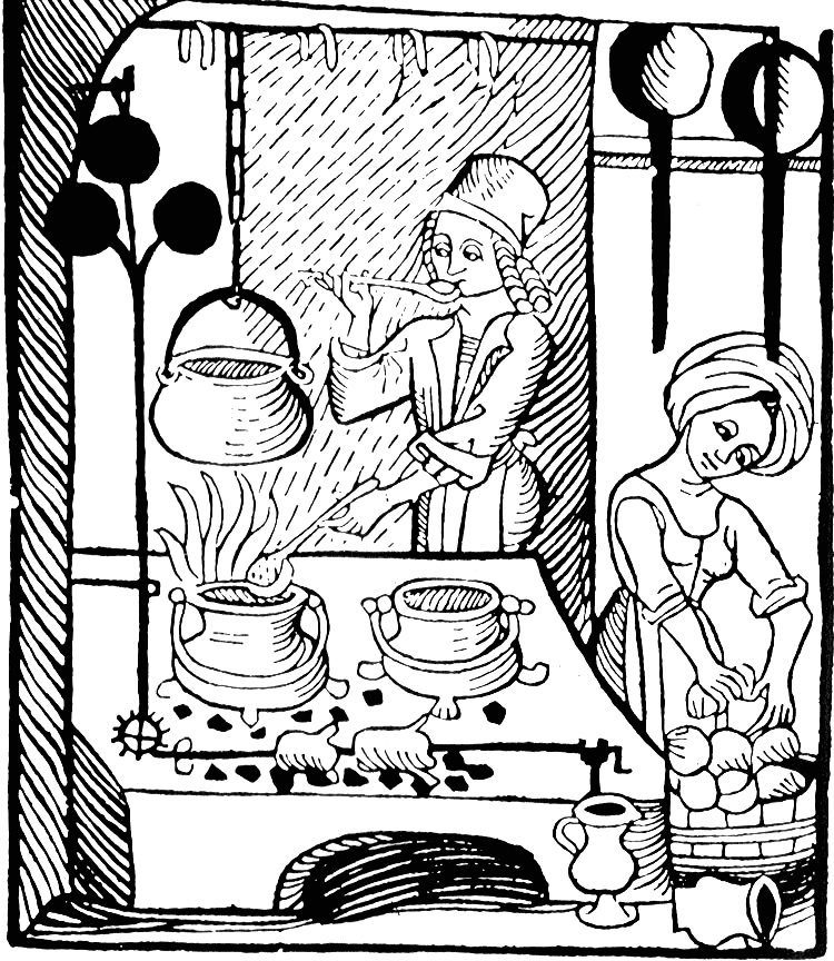 A woodcut illustration from the Kuchenmaistrey, the 15th century-era German cookbook, depicting two cooks in the kitchen. Public Domain