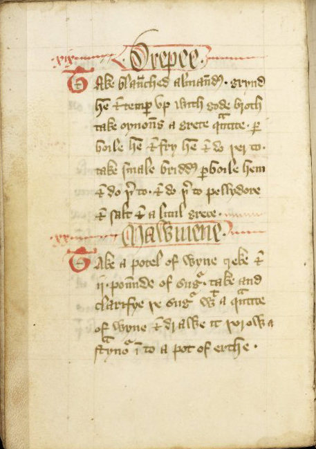 A page from the Forme of Cury, a 14th-century cookbook written by the Master chef of Richard II of England. The cookbook bears Arabic influences, and has a recipe for Blancmanger.