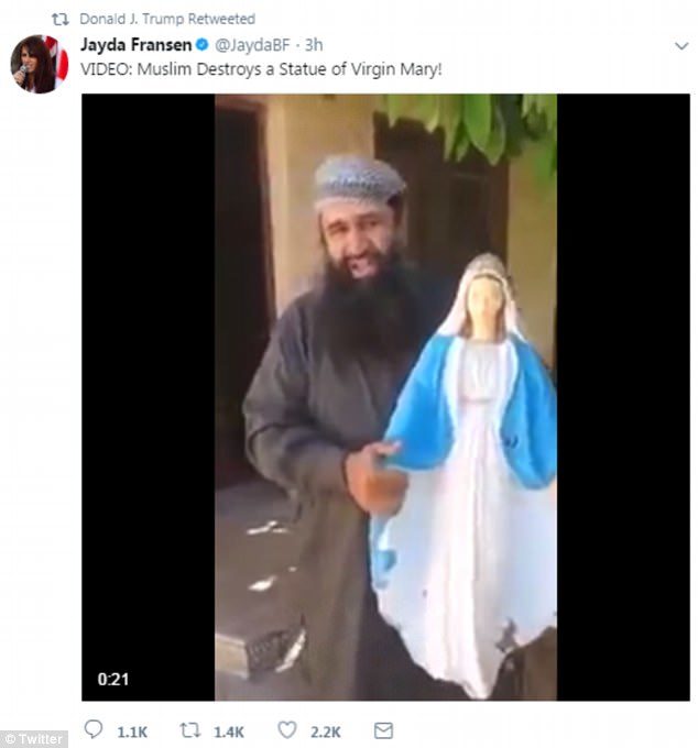 Trump tweet twitt Jayda Fransen Virgin Mary statue