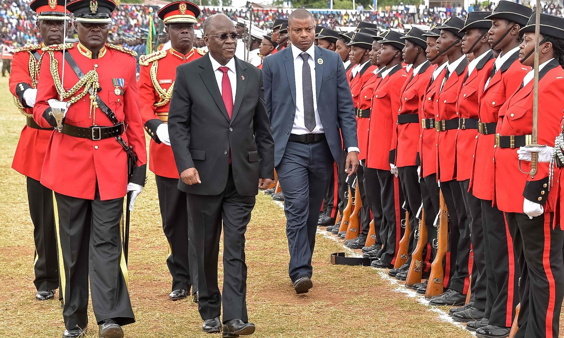 Tanzanian President John Magufuli (centre) in Dodoma. He pardoned the two convicted rapists along with thousands of other prisoners in his independence day speech on Saturday.