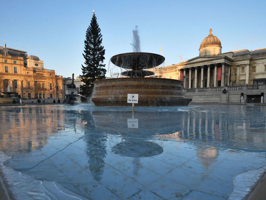 Ice forming in the fountains at Trafalgar Square, London