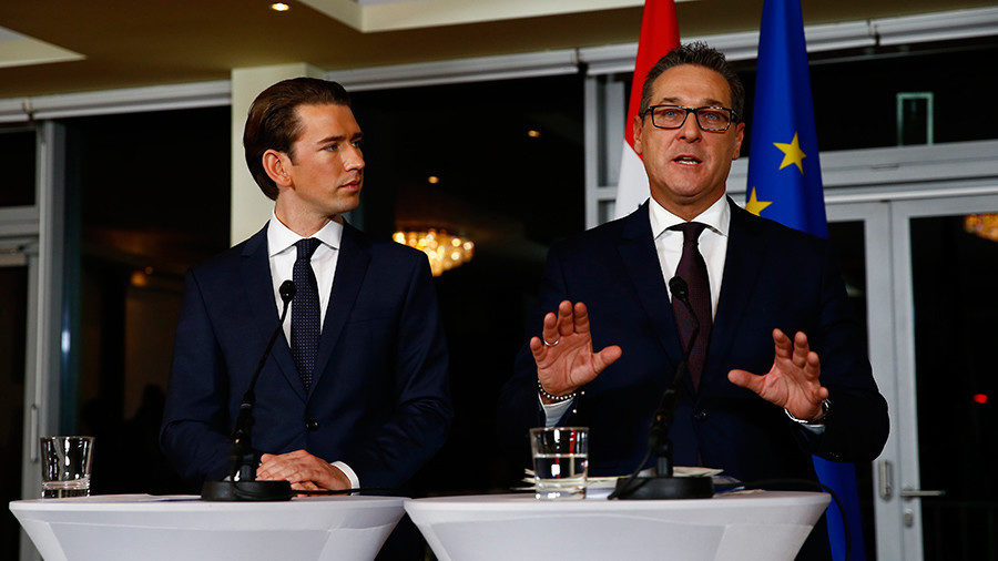 Head of the People's Party (OeVP) Sebastian Kurz (L) and head of the Freedom Party (FPOe) Heinz-Christian Strache address a news conference in Vienna, Austria, December 16, 2017