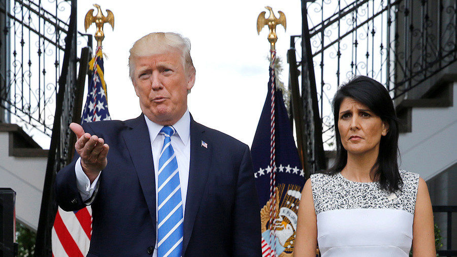 Click to enlarge US president Donald Trump with UN ambassador in UN Nikki Haley