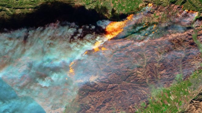 Click to enlarge Satellite imagery shows the vast Thomas Fire