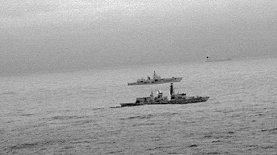 Royal Navy frigate HMS St Albans escorting Russian warship Admiral Gorshkov