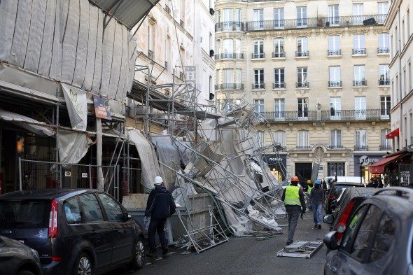 Click to enlarge A scaffolding collapsed due to a violent windstorm, in Paris, Wednesday, Jan. 3, 2018, as France's national electricity provider reports 200,000 households without electricity across the country, including 30,000 in the Paris region due to storm damage.