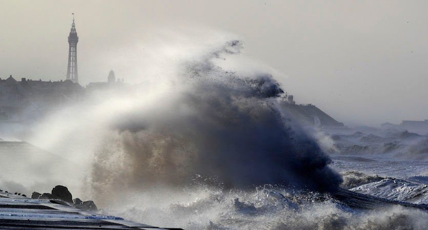 Click to enlarge 4. Massive waves crash over seawalls in Blackpool, northwest England, on Wed., Jan 3, 2018, as a winter storm dubbed Eleanor lashed the UK with violent storm-force winds of up to 100 mph.