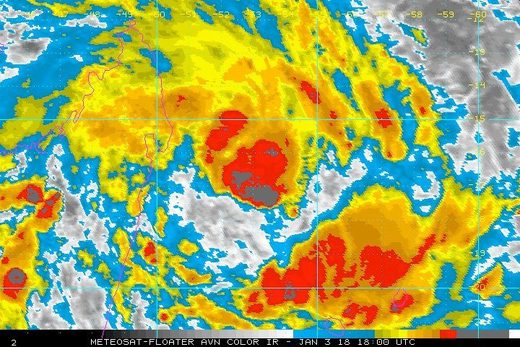 Infrared image of Tropical Storm Ava at 1800Z (1 pm EST) Wednesday, January 3, 2018.