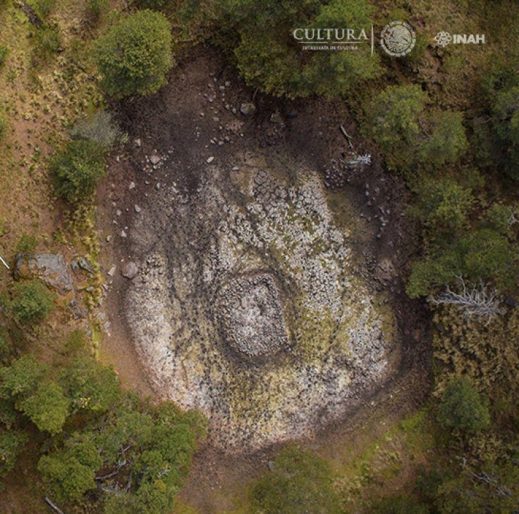 An aerial view of the tetzacualco (shrine) after water was drained out of the lake