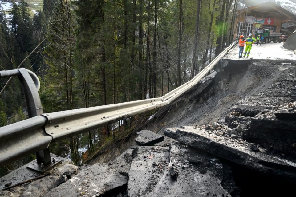 The road to the Adelboden ski resort in Switzerland, which was swept away by a rain-induced mudslide, on January 5.