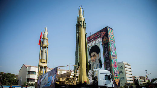 A display featuring missiles is seen at Baharestan Square in Tehran on September 27, 2017