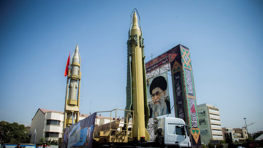 Click to enlarge A display featuring missiles is seen at Baharestan Square in Tehran on September 27, 2017