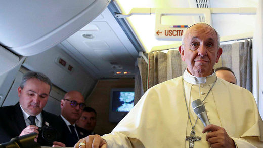 Click to enlarge Pope Francis speaks to reporters onboard the plane for his trip to Chile and Peru January 15, 2018