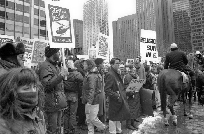 Protest against US involvement in the Salvadoran Civil War in Chicago, Illinois, in March 1989