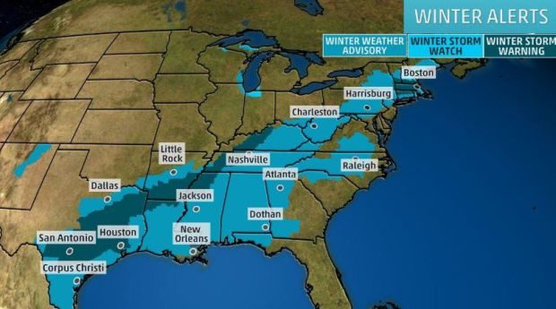 Click to enlarge Winter storm warnings US South