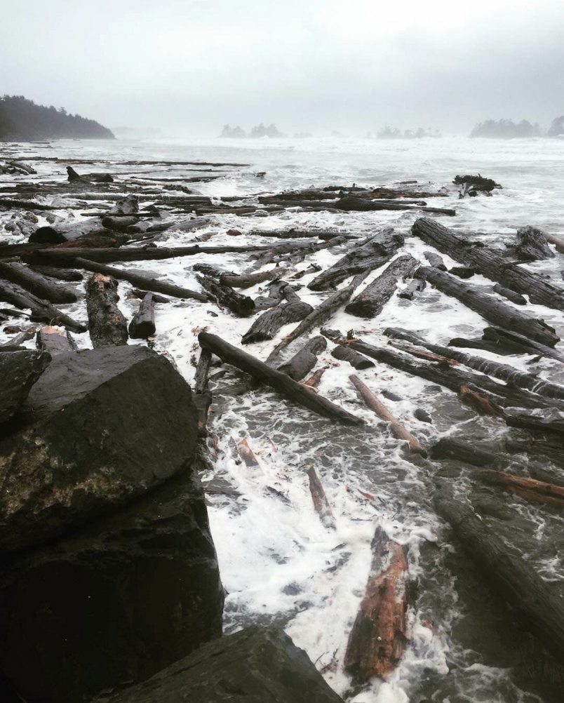 High waves pushed logs up on North Chesterman Beach in Tofino on Thursday, Jan. 18, 2018.