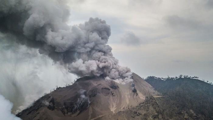 Ash plumes rise from the volcano on Kadovar Island in the South Pacific.
