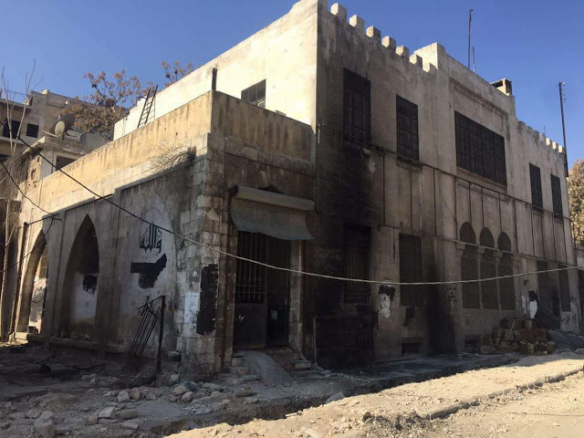 The burned Djab al-Kaba hospital in Aleppo