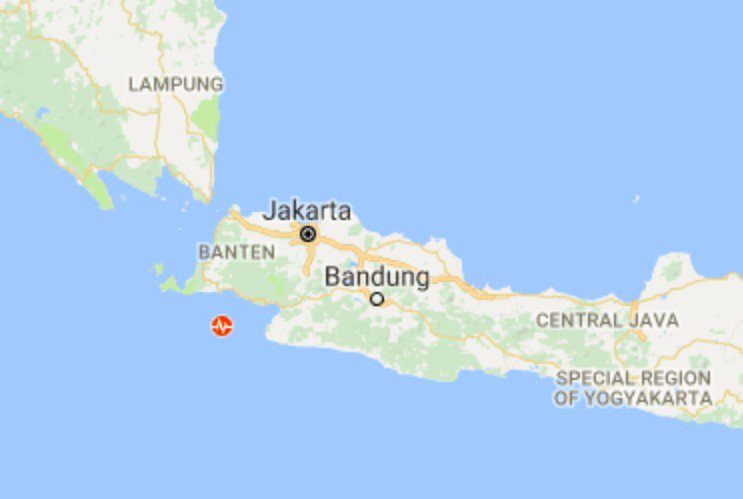 Alert area: 81 km SouthWest Lebak Banten, 100 km SouthWest Pandeglang, Banten, 108 km SouthWest Bogor, West Java, 125 km SouthWest Serang-Banten, and 153 km SouthWest Jakarta-Indonesia