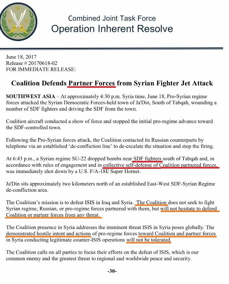 Pentagon statement after shooting down the Syrian Su-22 over Syria