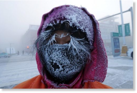Click to enlarge This photo taken on January 24, 2018 shows ice forming on the face of a Chinese sanitation worker on a cold winter day in Hulun Buir, northern China’s Inner Mongolia region.