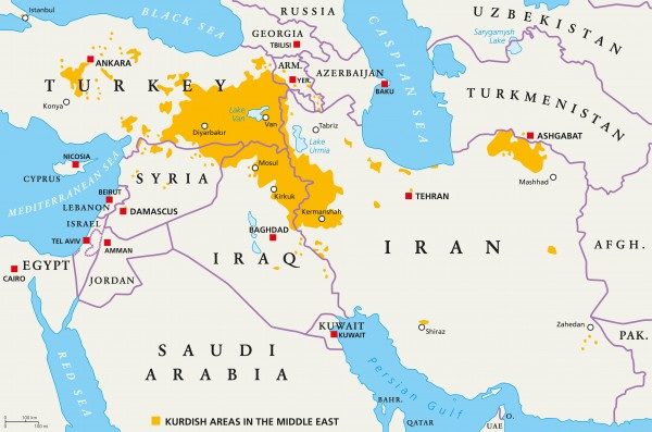 Map of Kurdish areas in the Middle East