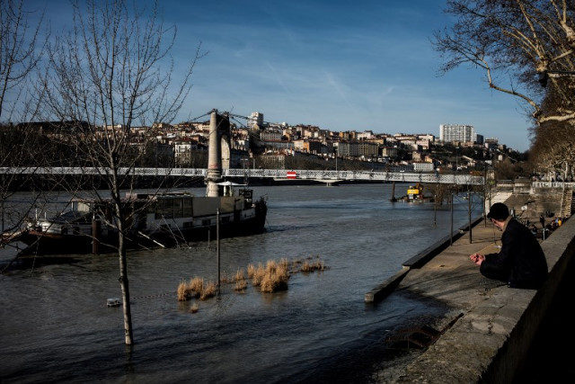 The swollen river Rhone in Lyon, France