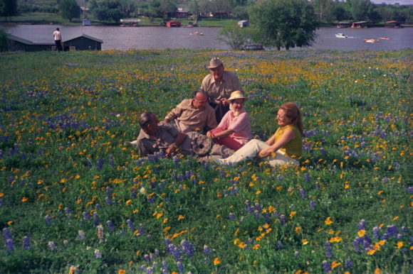 President Lyndon B. Johnson, Arthur Krim, A.W. Moursund, Lady Bird Johnson, Mathilde Krim. At a ranch near Kingsland, Texas, April 13, 1968