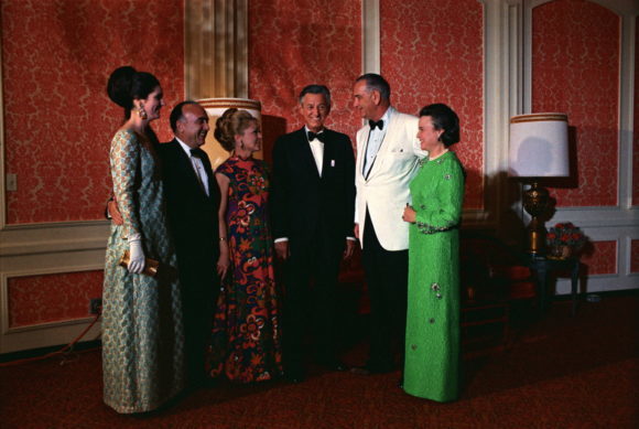 L-R: Lynda Bird Johnson, Arthur Krim, Mathilde Krim, Lew Wasserman, President Lyndon B. Johnson, Mrs. Wasserman