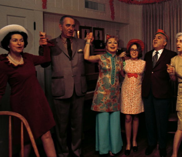 Click to enlarge New Year’s party, 1969, Arthur Krim’s “Santana” Ranch, Kingsland, Texas. Lady Bird Johnson, LBJ, Mathilde Krim, Daphna Danon Krim, and Arthur Krim, left to right