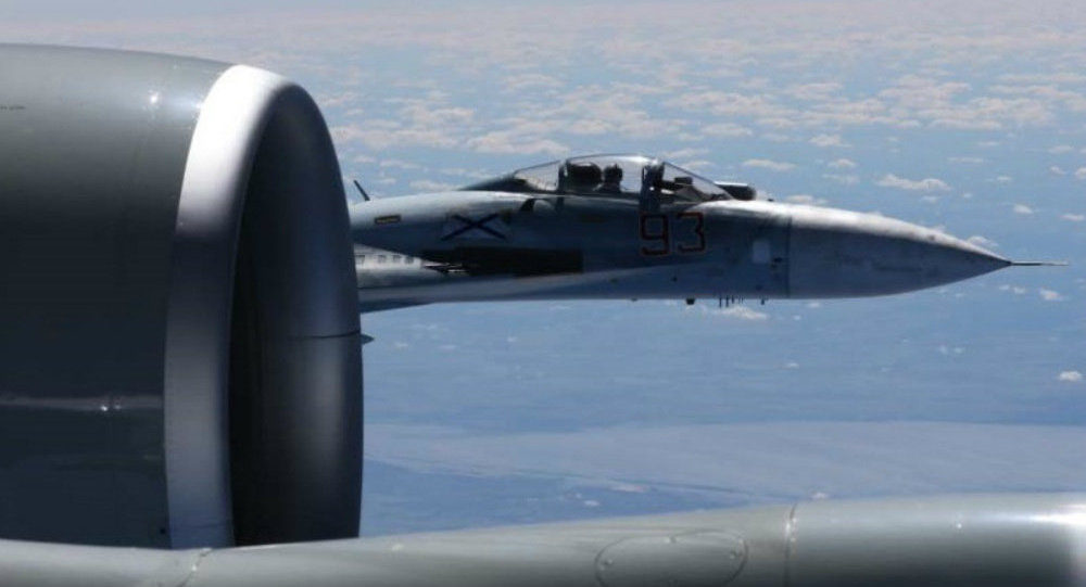 Click to enlarge A US RC-135U flying in international airspace over theBaltic Sea was intercepted by Russian SU-27 Flanker