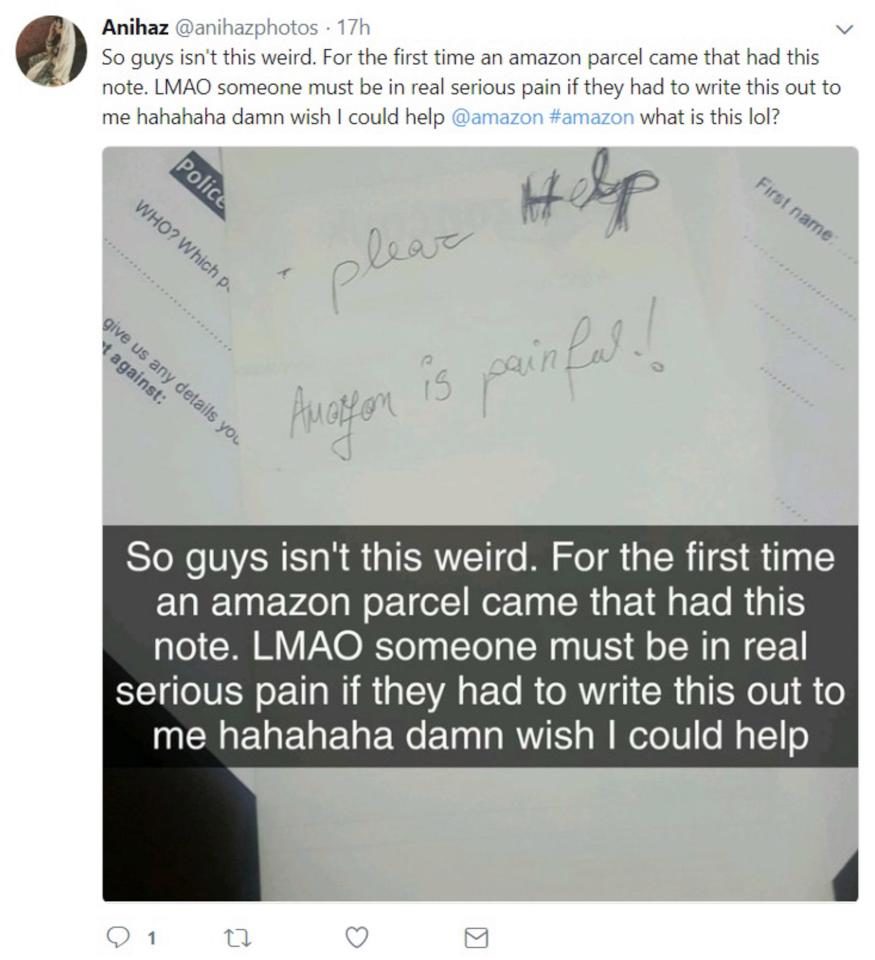 Click to enlarge She posted the picture on Facebook and said: 'So guys, isn't this weird? For the first time an Amazon parcel came that had this note'