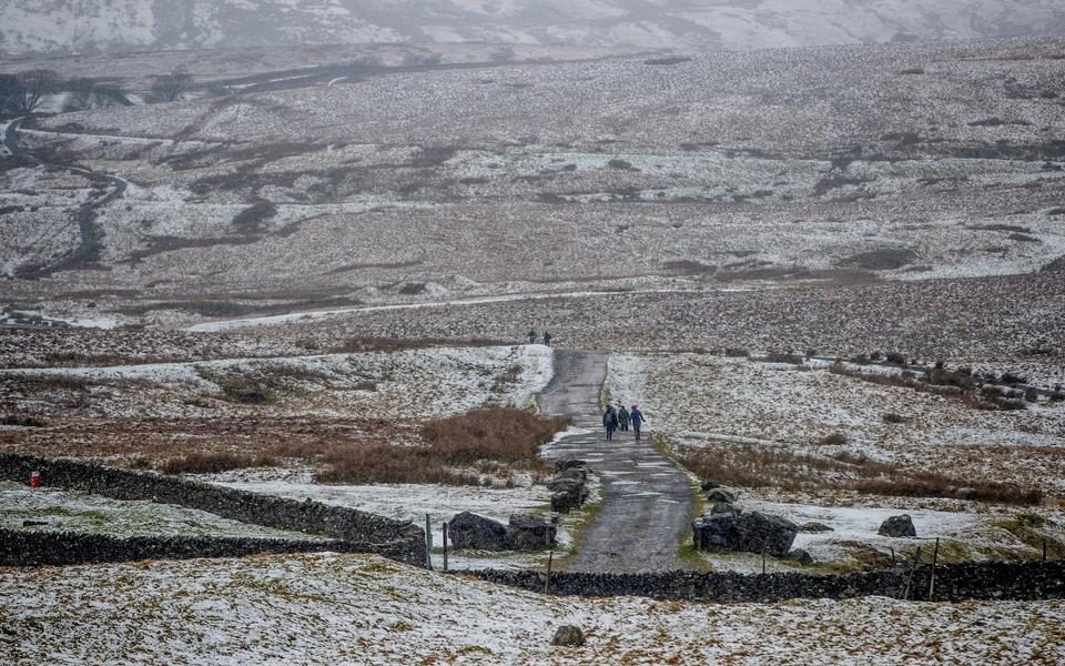 7 Winter walkers in the Snow at Ribblehead, North Yorkshire on Saturday, February 3