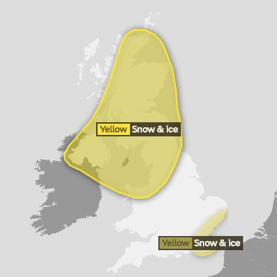 The Met Office's weather warning for Monday night into Tuesday shows a spell of rain, sleet and increasingly snow will move east across the UK. Snow and ice are likely to be seen in the south east