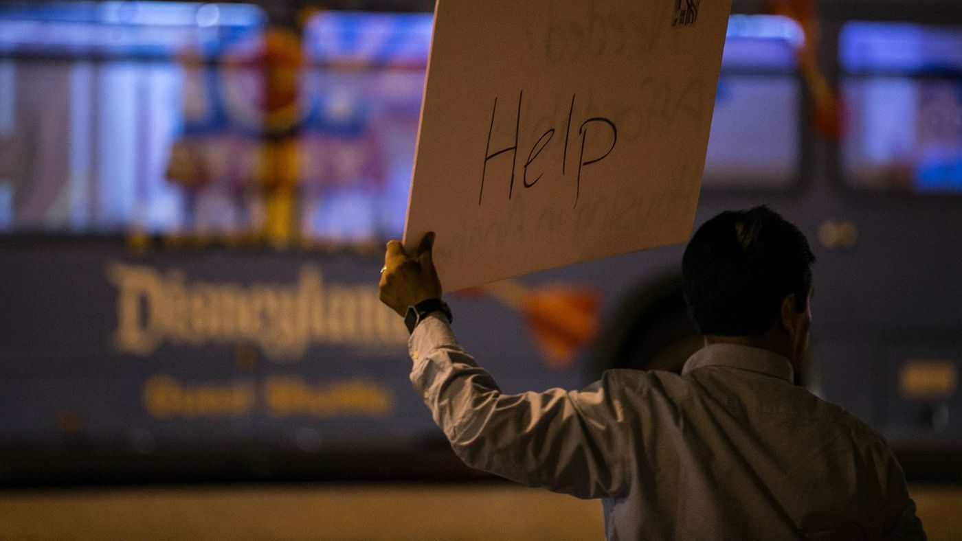 Click to enlarge Demonstrators and homeless advocates rally in Anaheim, Calif