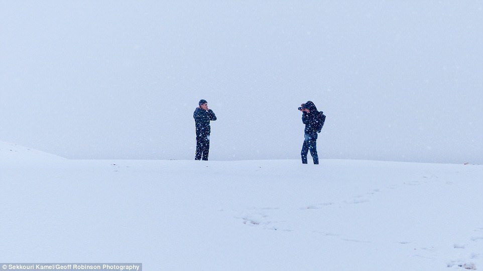 Click to enlarge Strike a snow-se: A local teenager poses for the camera while the snow keeps falling around him and his friend