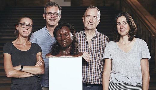 Museum scientists Dr Selina Brace, Prof Ian Barnes, Prof Chris Stringer and Dr Silvia Bello pose with the reconstruction of Cheddar Man