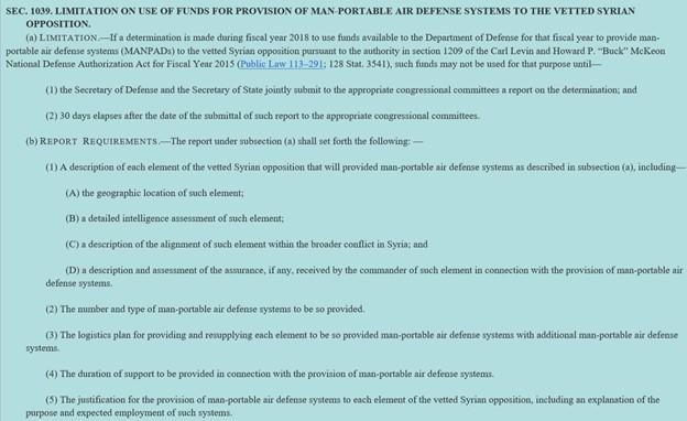 Click to enlarge law authorizing US transfer of MANPADS 2018 NDAA