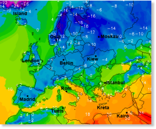 Cold is forecast to keep Europe shivering this week. Image cropped from wetter.online.de.