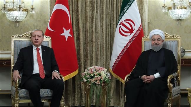 Click to enlarge Iran's President Hassan Rouhani (R) meeting with his Turkish counterpart Recep Tayyip Erdogan in Tehran