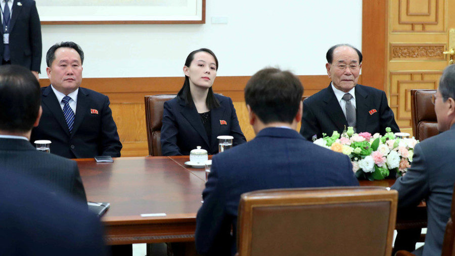South Korean President Moon Jae-in talks North Korea's Kim Young Nam and Kim Yo Jong, the sister of North Korea's leader Kim Jong Un. Seoul, South Korea, February 10, 2018