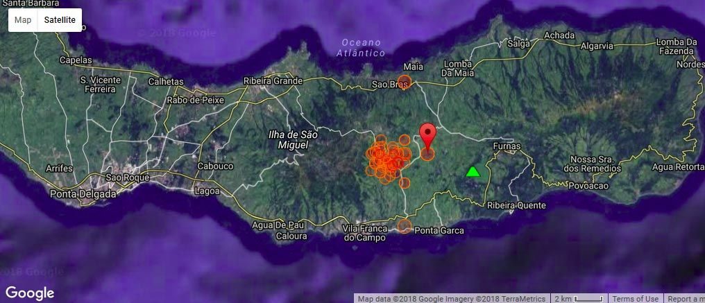 Location of the past days' earthquakes on Sao Miguel island