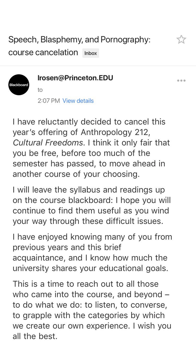 free speech course cancelation Princeton University