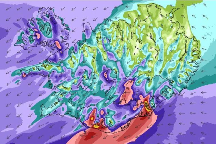 The weather forecast for Wednesday February 14th. As you can see with the red colour a storm rages in the South and South East.