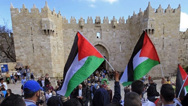 Click to enlarge Palestinians carry national flags