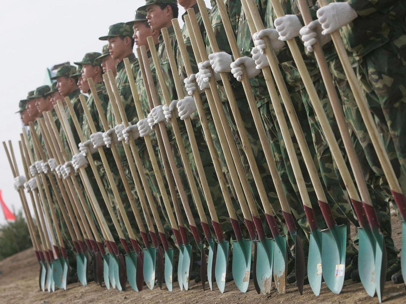 Click to enlarge A large regiment of the People's Liberation Army, along with some of the nation's armed police force, have been withdrawn from their posts to work non-military tasks, such as planting trees