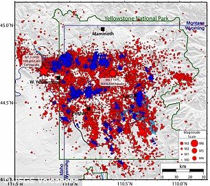 On left, a map of Yellowstone earthquakes from 1973 – 2017 is shown, with red circles illustrating all of the quakes. Blue shows quakes that were part of swarms.