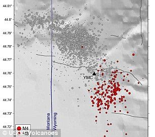 The current swarm is shown on the right (red circles), compared to the location of last summer's swarm (gray)