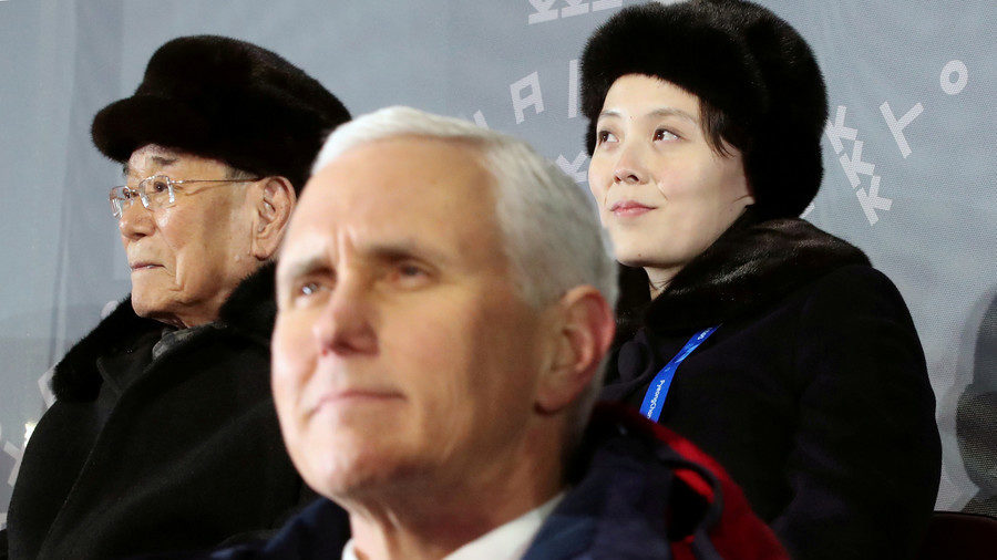 Click to enlarge US Vice President Mike Pence, North Korea's nominal head of state Kim Yong Nam