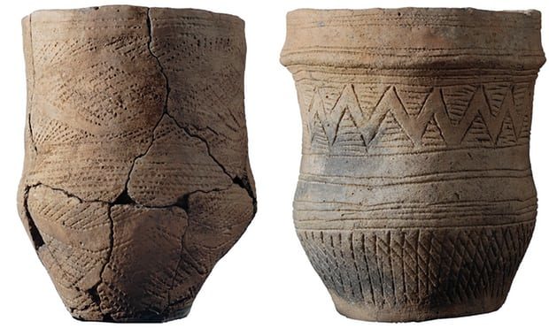 Click to enlarge Fineware beakers excavated from the Trumpington Meadows double beaker burial.
